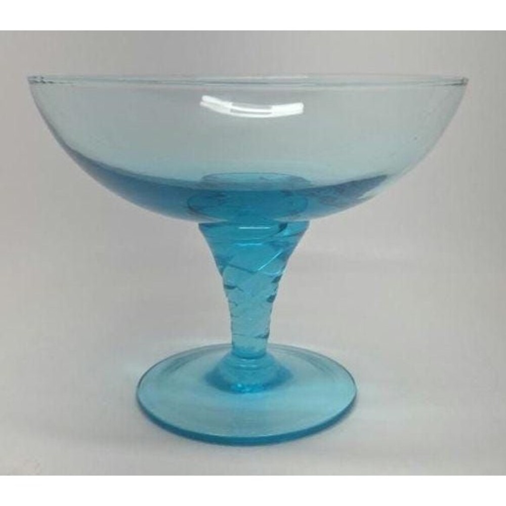 Vintage Blue Empoli style Art Glass Compote, Hand Blown Twisted Stem Bowl, Mid C